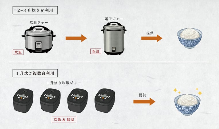 2〜3升炊きの大容量炊飯器でまとめて炊いて保温ジャーに移す方法と、1升炊きの炊飯器を複数台使って常に炊きたてのご飯を用意する方法の比較図です。